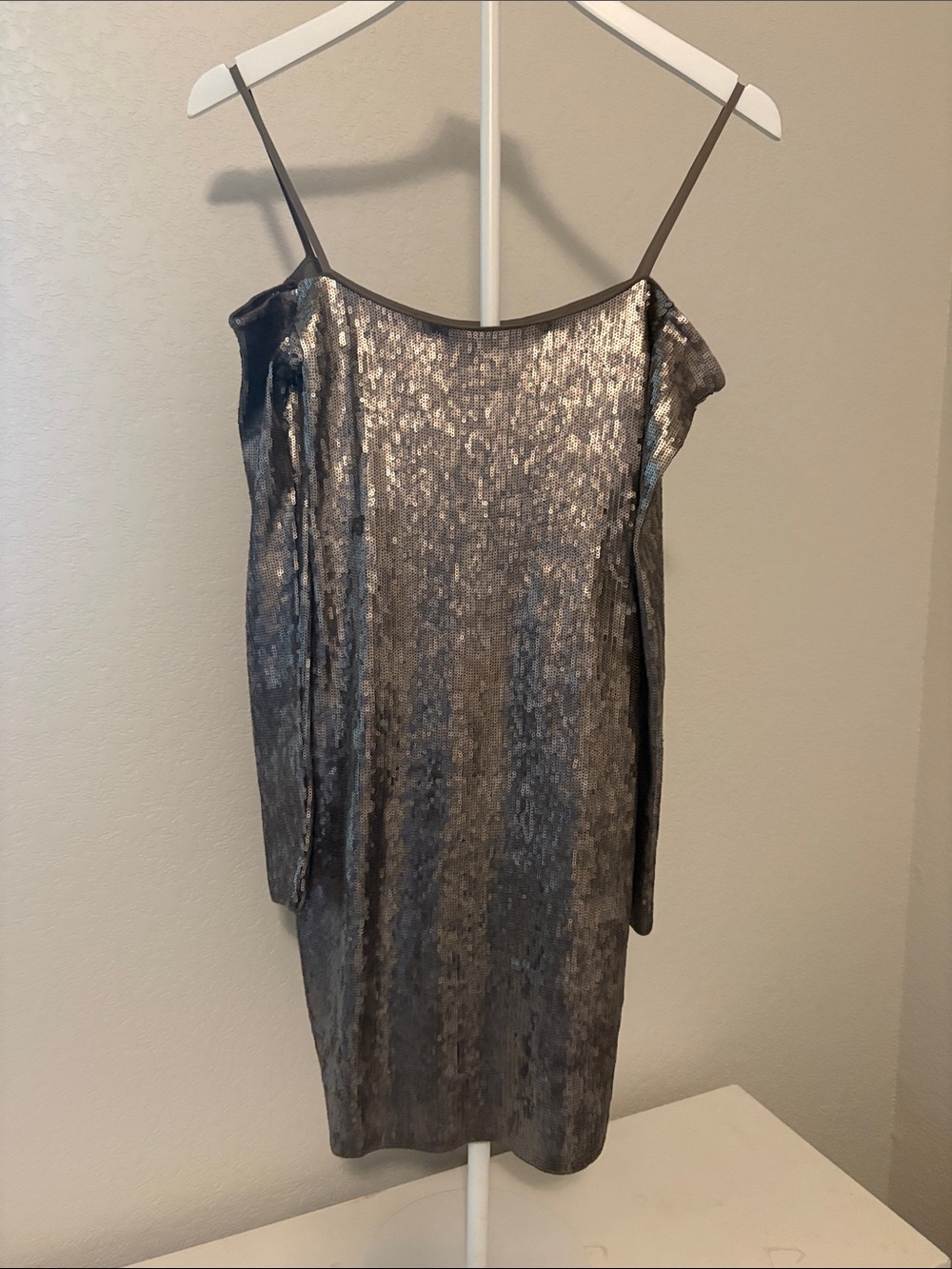 Express Metallic Silver Cold-Shoulder Slip Dress